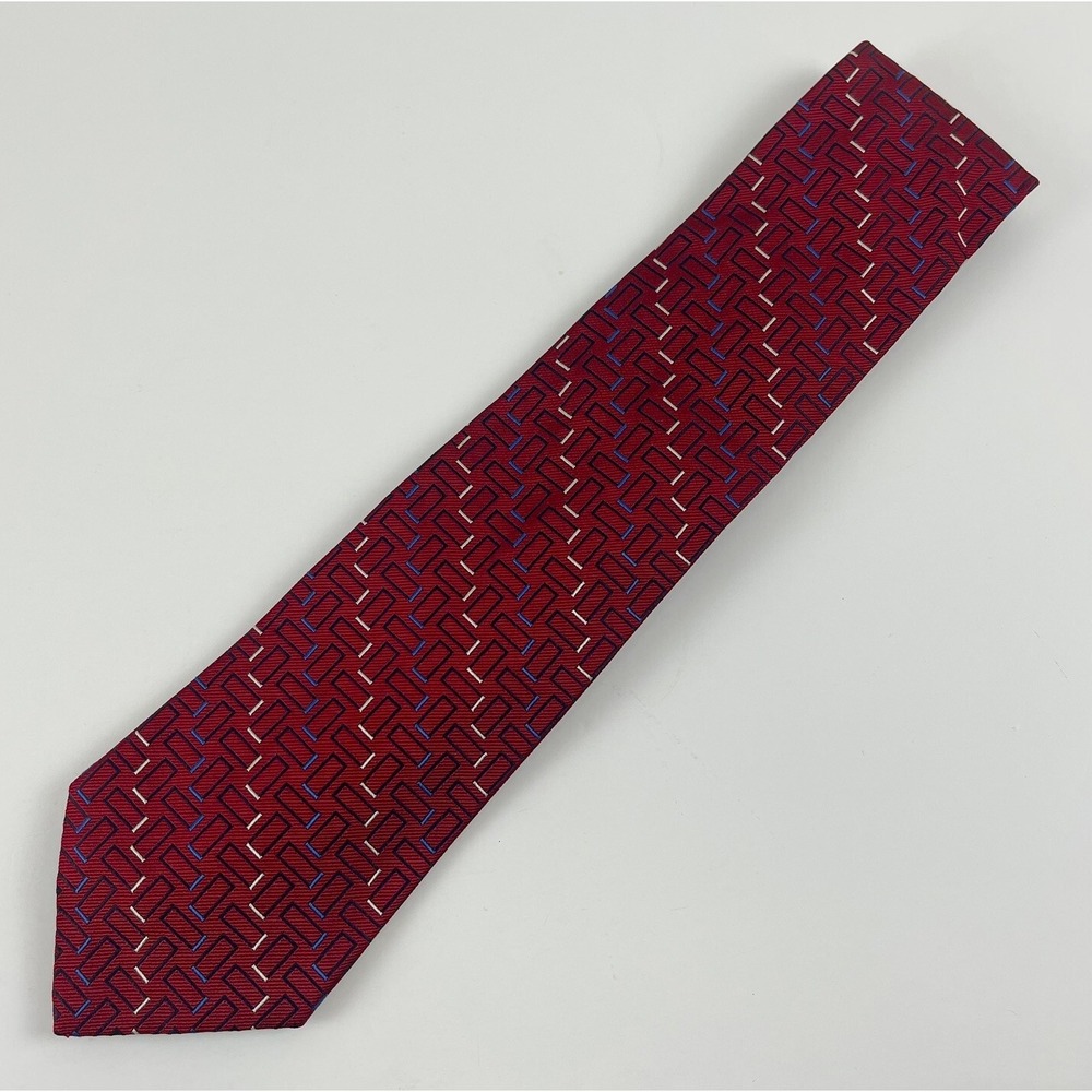 Tommy Hilfiger Silk Mens Tie Necktie Red Multicolor Patterned Geometric